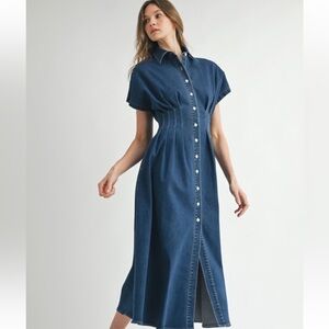 Dark Denim Blue Button-Down Midi Dress Cotton Belt Fall School Trend Pleated